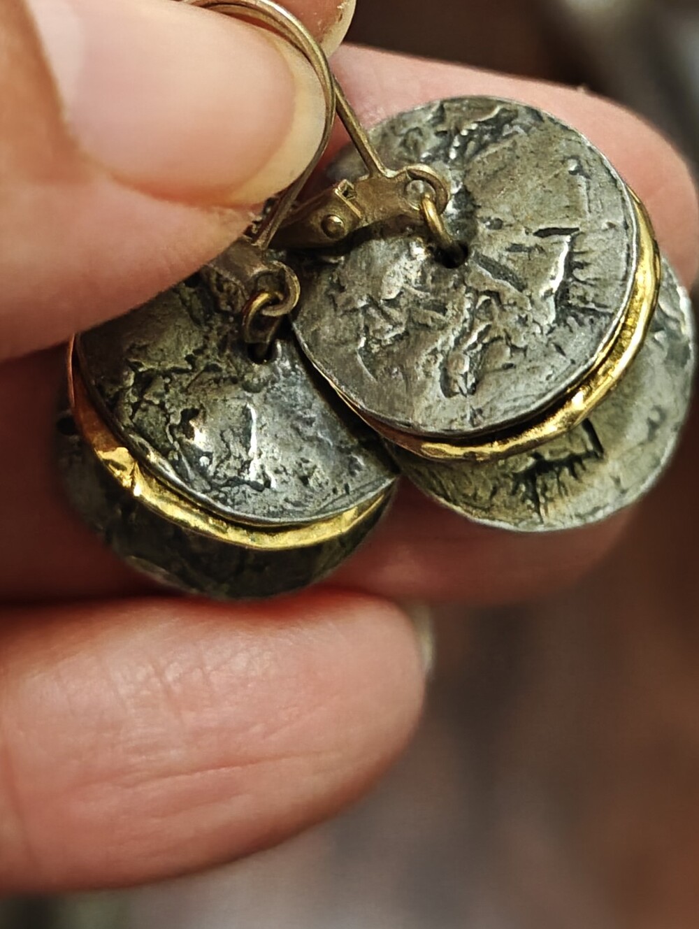 Anne Marie Chagnon Pewter And Gold Tone Disks Earrings
